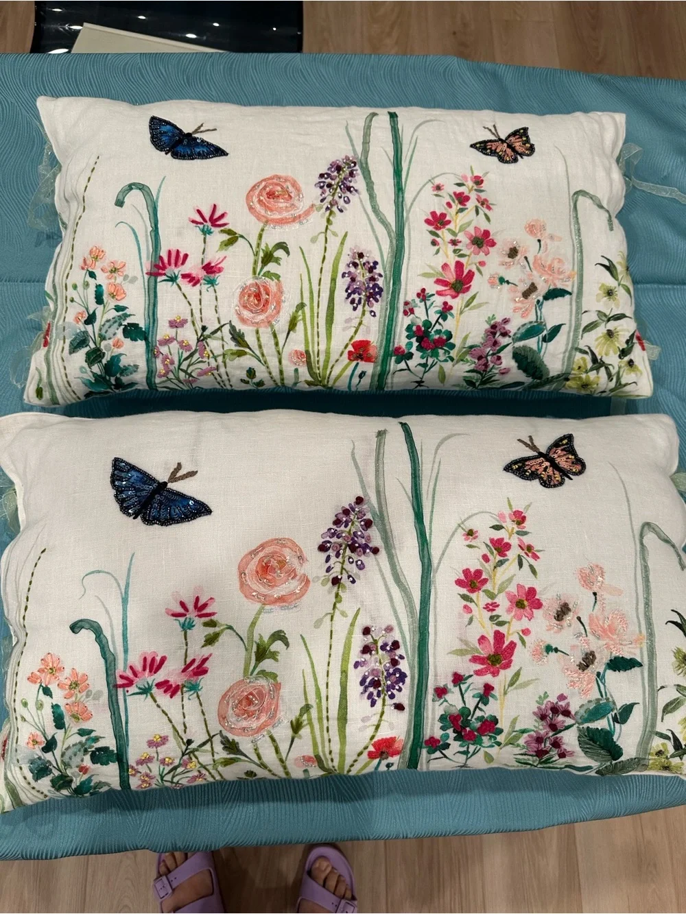 Set of 2 Embroidered Floral Butterfly Lumbar Pillows 12x23 Beaded Sequin